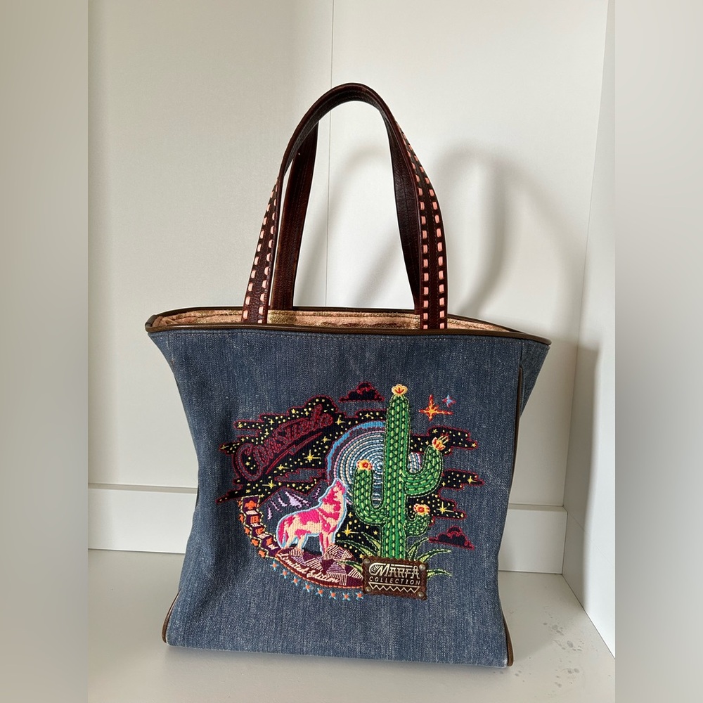 Consuela Limited Edition Marfa Embroidered Denim Tote with Cactus and Wolf - Picture 2 of 9